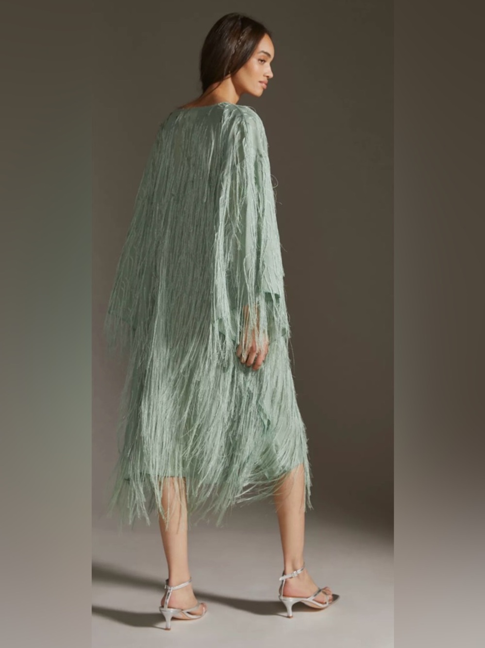 Anthropologie Maeve Fringed Shine Kaftan Sage Green Metallic Fringe Cover Up OS - Picture 2 of 9